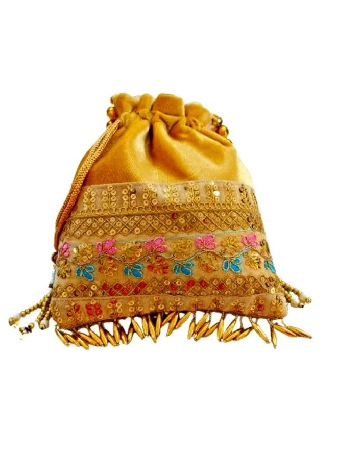 SuneshCreation Vintage Style Potli Handbag, Velvet with Pearl Beads and Gold Fringe, Traditional Wedding Purse (golden) - Image 3